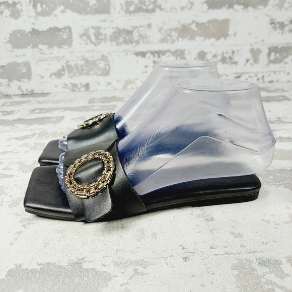 Open Edit Shoes - NEW Open Edit Lely Black Faux Leather Square Toe Flat Slide Sandals F68